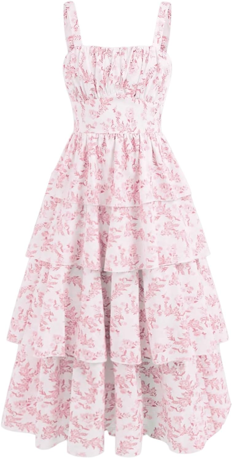 Verdusa Girl's Floral Layered Long Dress Tiered Sleeveless Tank Dress Spring Outfits