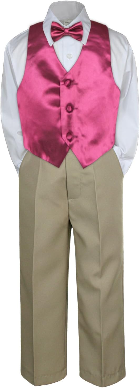 4pc Baby Toddler Kid Boy Party Suit Khaki Pants Shirt Vest Bow tie Set Sm-4T