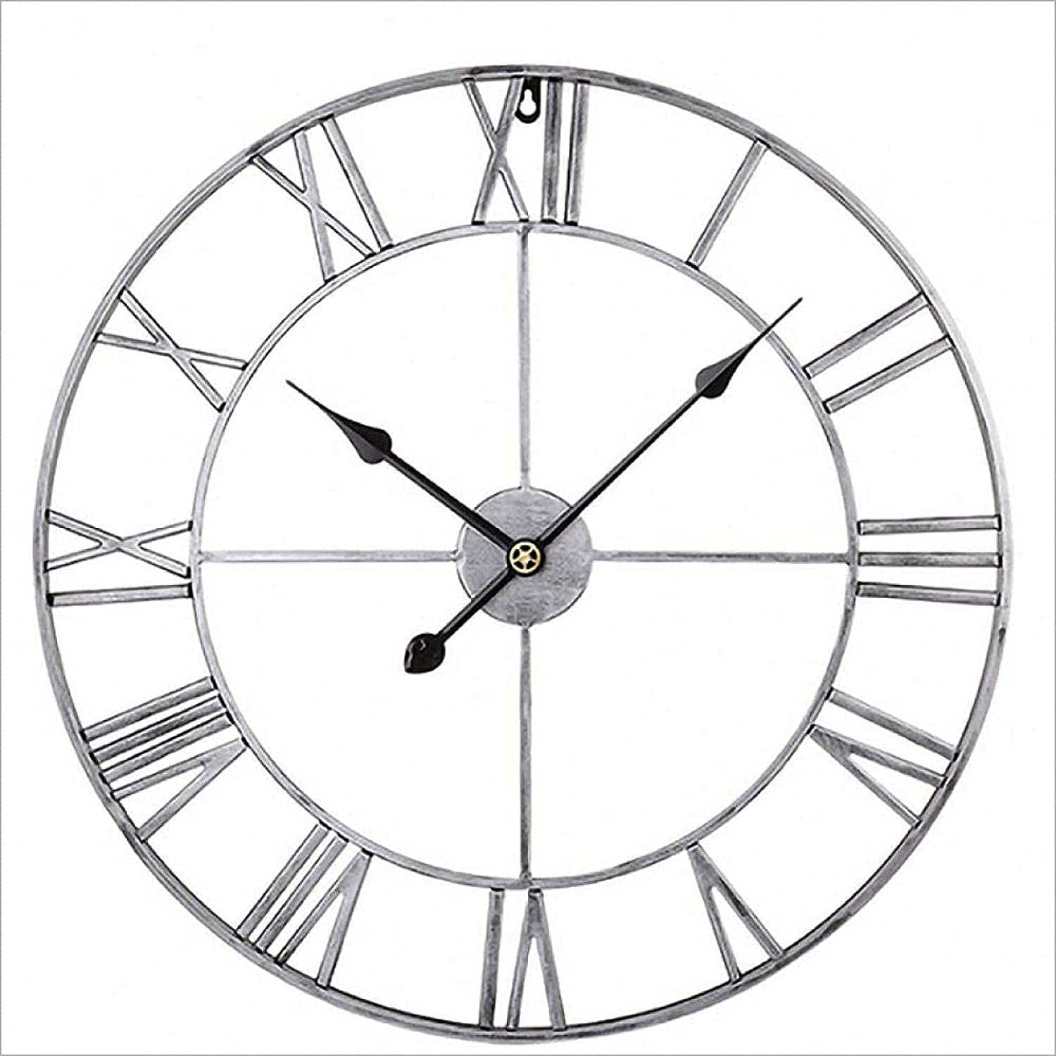 XJBTBA Nowe duże cyfry rzymskie Gigantyczna otwarta tarcza Metalowy duży zegar ścienny do ogrodu na zewnątrz Srebrny zegar ścienny - 16 cali/40 cm