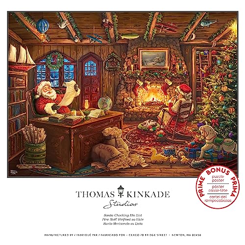 Ceaco - Puzzle Thomas Kinkade Santa Checking His de 300 piezas para adultos, arte de Thomas Kinkade, tamaño terminado 26.6 x 8 x 2.25 pulgadas, hecho en USA, cartón reciclado, incluye póster miniatura 6
