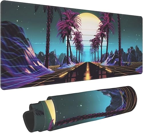 Retrowave Synthwave - Alfombrilla de mouse grande para juegos, XL, alfombrilla de mouse larga extendida, base de goma antideslizante, bordes