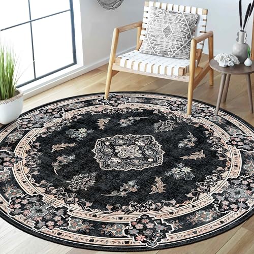 MUJOO Black Round Rug 5ft,Circle Washable Area Rug Non Slip Low-Pile Floral