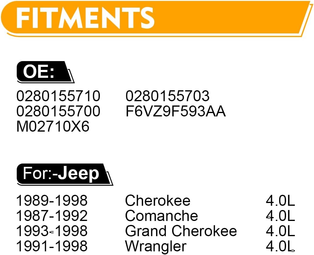 0280155710 Fuel Injectors For:-Jeep Grand Cherokee 1993-1998, Wrangler 1991-1998, Cherokee 1989-1998, Comanche 1987-1992 4.0L High Performance Fuel Injectors Set of 6 Replace OE# 0280155700