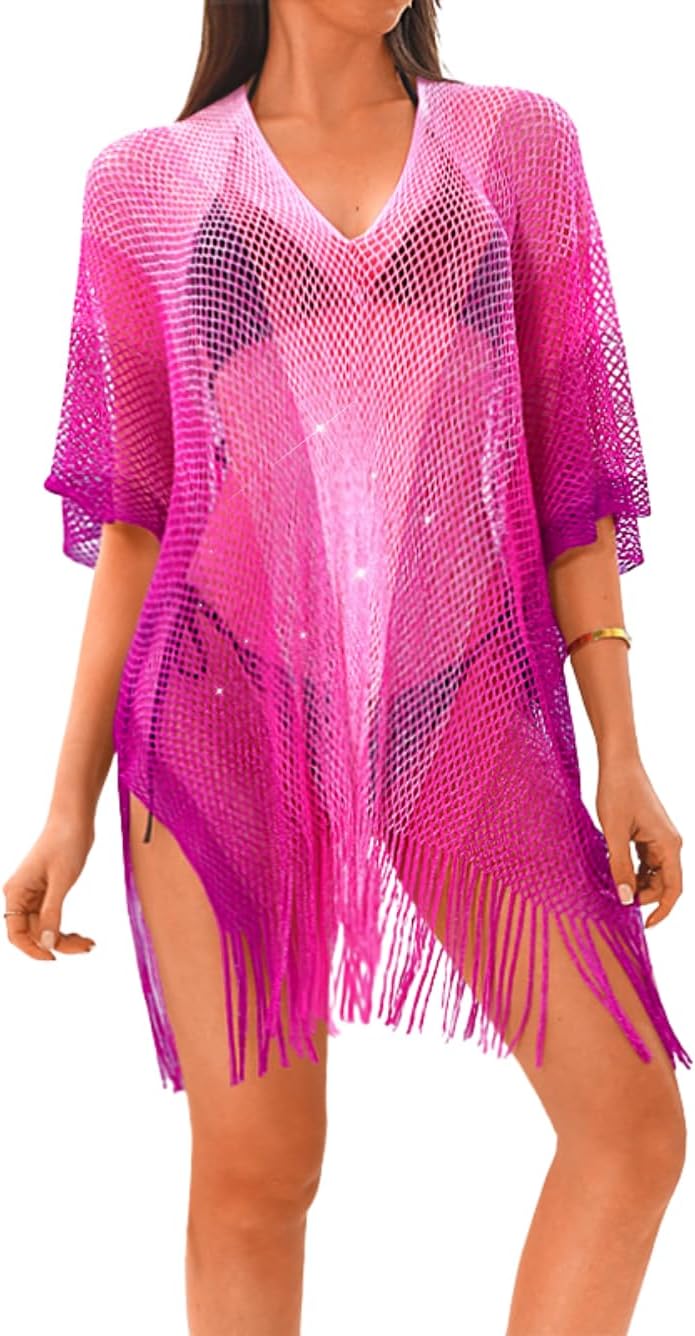 Kaei&Shi Sexy Sheer Gradient Swimsuit Coverup,Crochet Color Block Beach Dress,Fringe Bathing Suit Vacation Outfits for Women