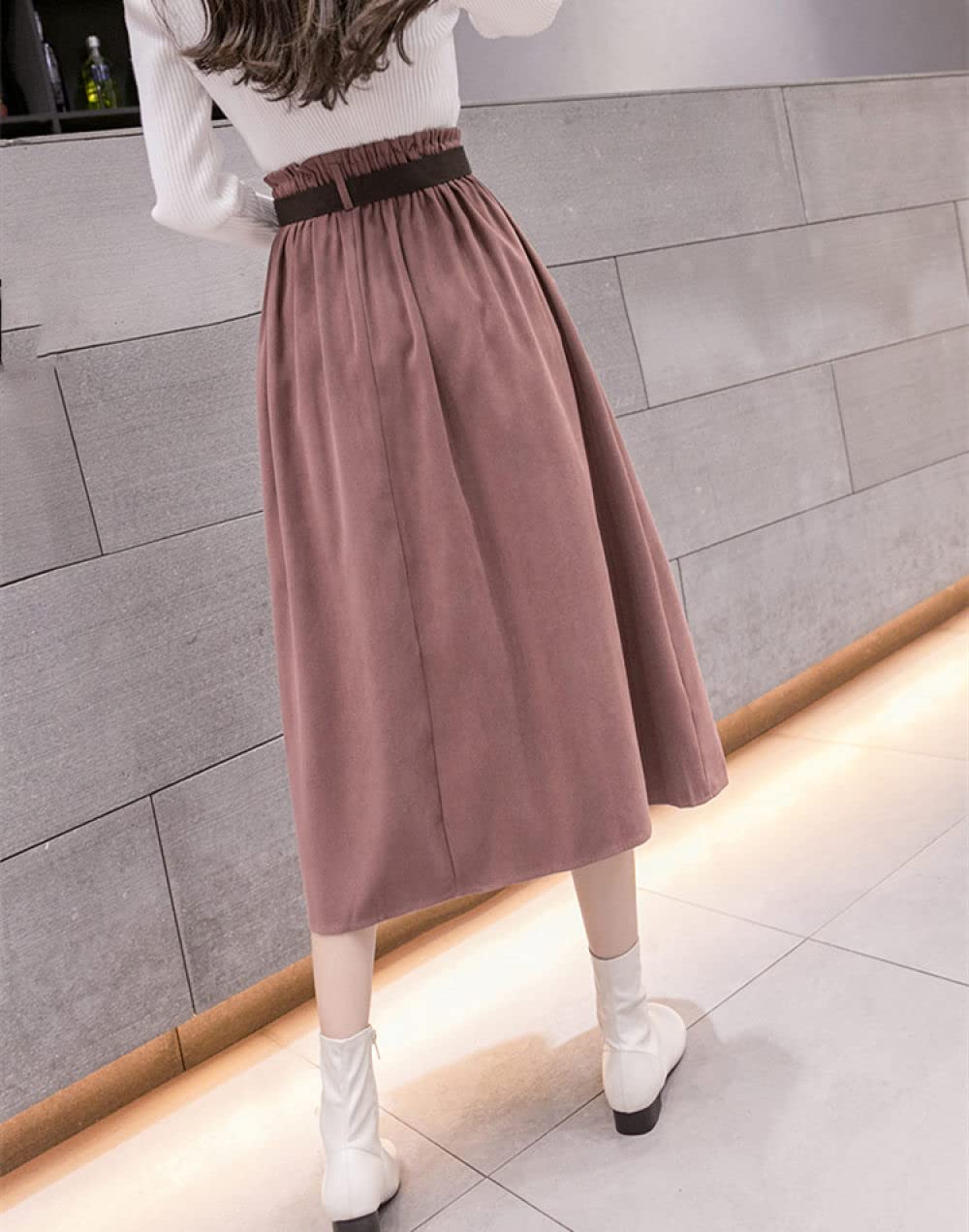 Faldas De Invierno para Mujer, Falda De Invierno Rosa para Mujer Cintura Elástica Falda Midi De Talle Alto con Bolsillos Cinturón Faldas Fruncidas Informales El(As Shown M)