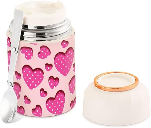 Tarro de comida con corazones y puntos para el día de San Valentín con cuchara de acero inoxidable aislado al vacío, recipiente de alimentos de 17