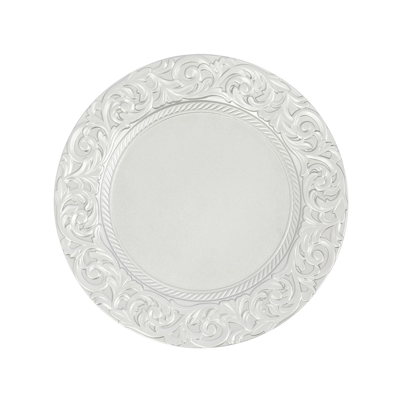 QIANMOON 150PCS Customized Gold Antique Charger Plates?13Inch Single Sided Spray Paint with Patterns Embossed Plastic Round Dinner Plates for Wedding Party Event Table Setting Decoration (White)