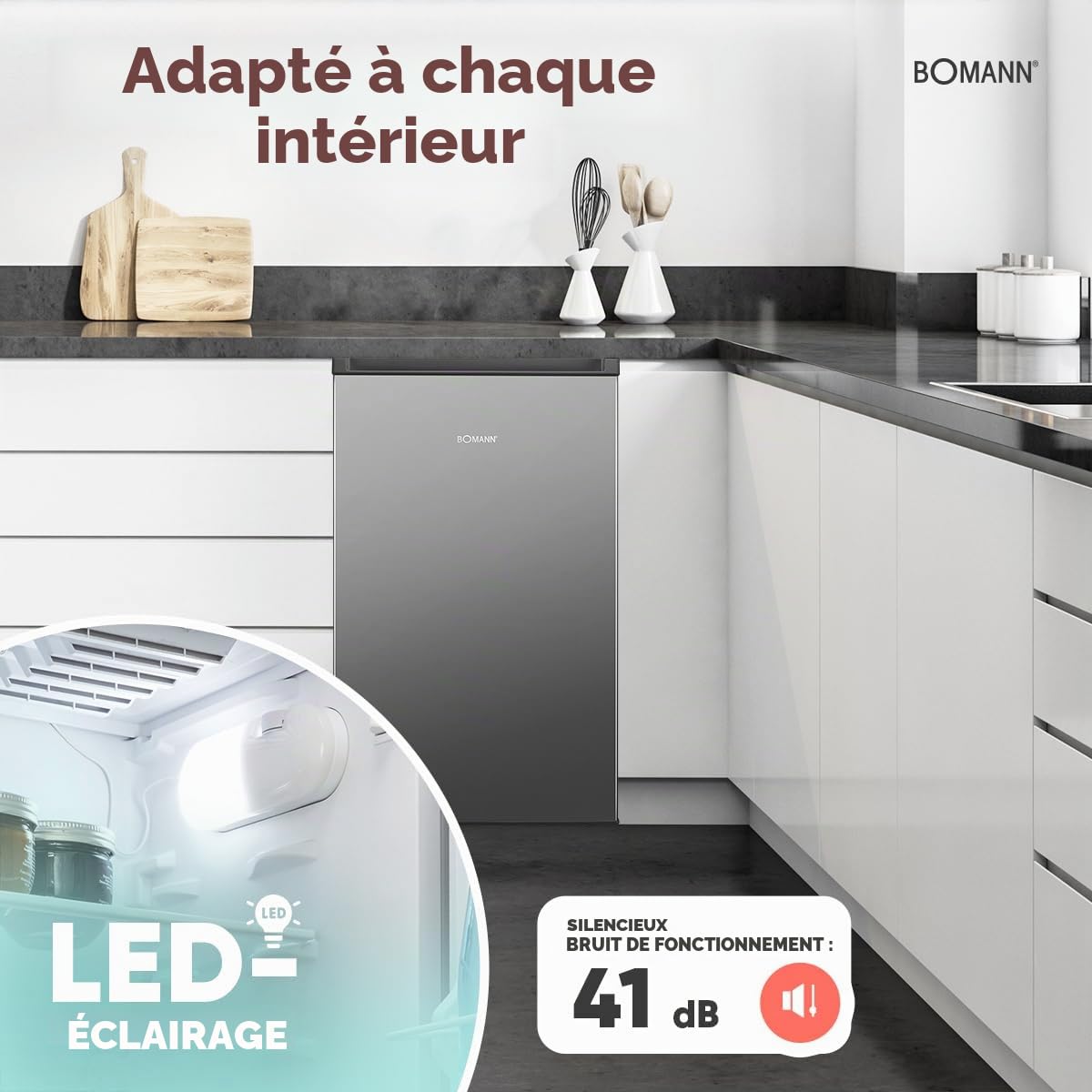 Bomann Réfrigérateur Congélateur 83 L KS 7257, Silencieux, Gris | silencieux, 2 étagères, compartiment à légumes, contrôle 0-8 °C, éclairage LED, compact
