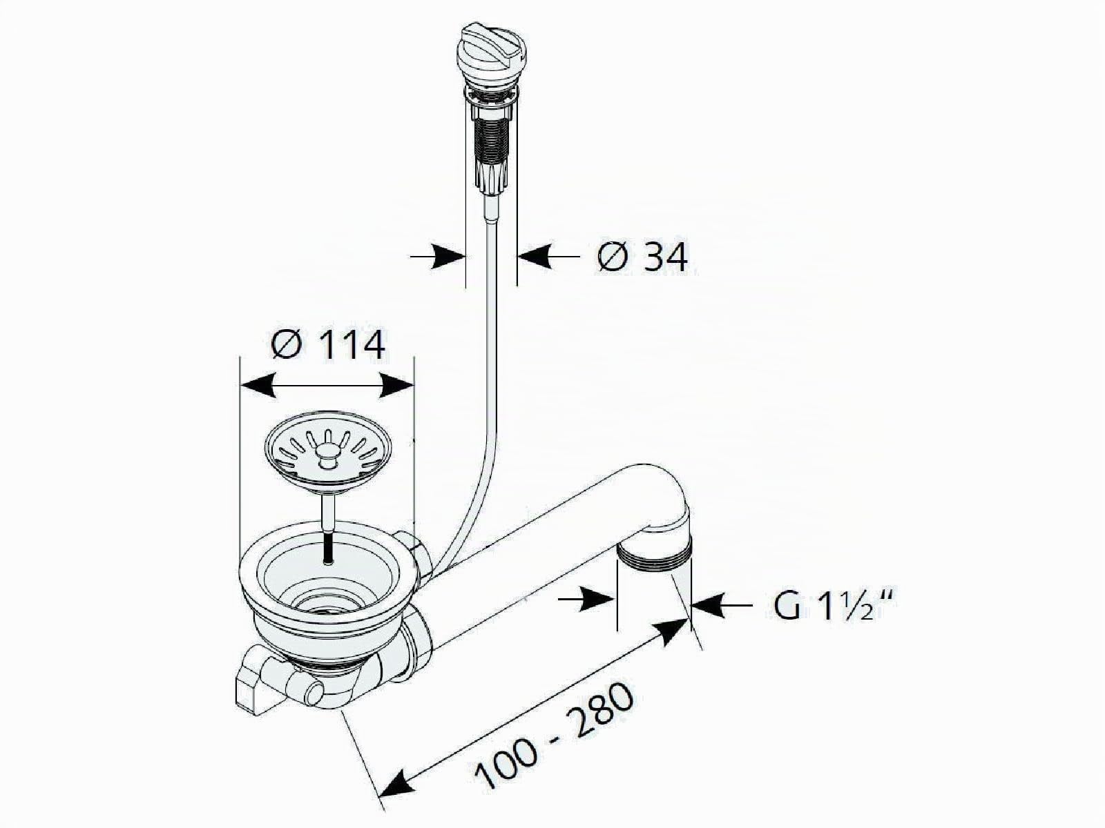 tecuro Bonde pour évier avec tamis 3 1/2'' - diamètre 114 mm - avec câble et commande rotative, Acier inoxydable
