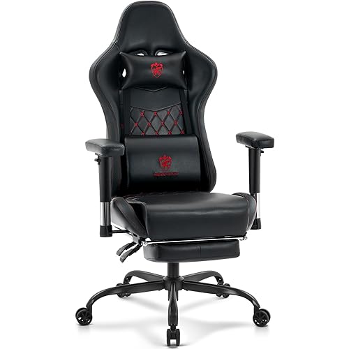 Gaming Chair,Computer Office Chair with Footrest,Massage Lumbar Support and Gel Pad,Ergonomic Reclining Leather Gamer Chair with Headrest,Adjustable Armrests and Spring Cushion Black Red