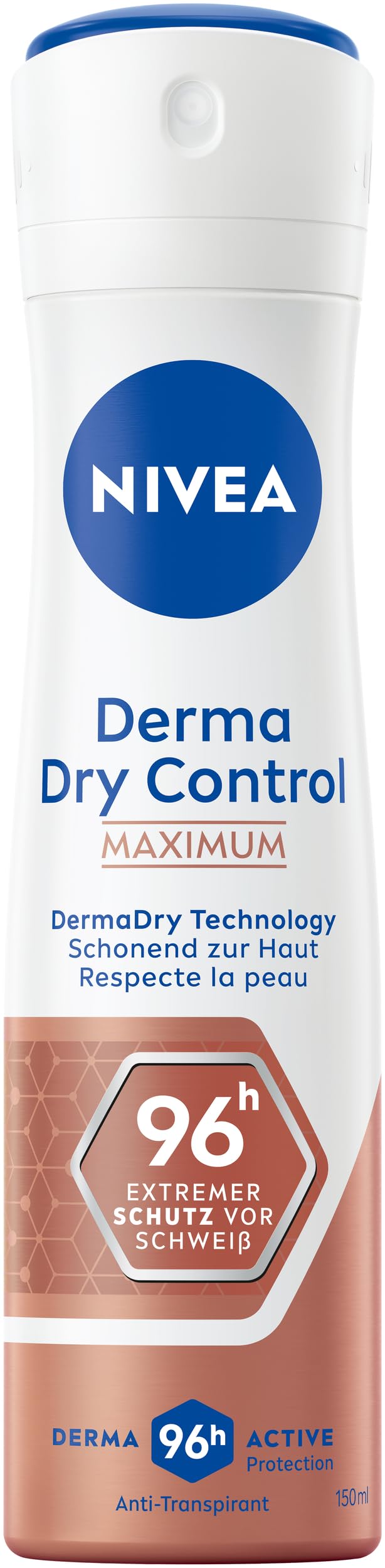 NIVEA Derma Dry Control Deo Spray, Deodorant gegen starkes Schwitzen, hautschonendes Antitranspirant für 96h Schutz und ein geschmeidiges Hautgefühl (150 ml)