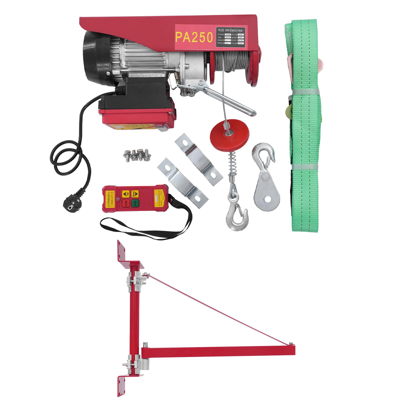 Cabrestante eléctrico de 125 kg hasta 250 kg, altura de elevación de 12 m, 550 W, cable eléctrico con mando a distancia inalámbrico y brazo de apoyo, funda con interruptor de emergencia, polipasto de