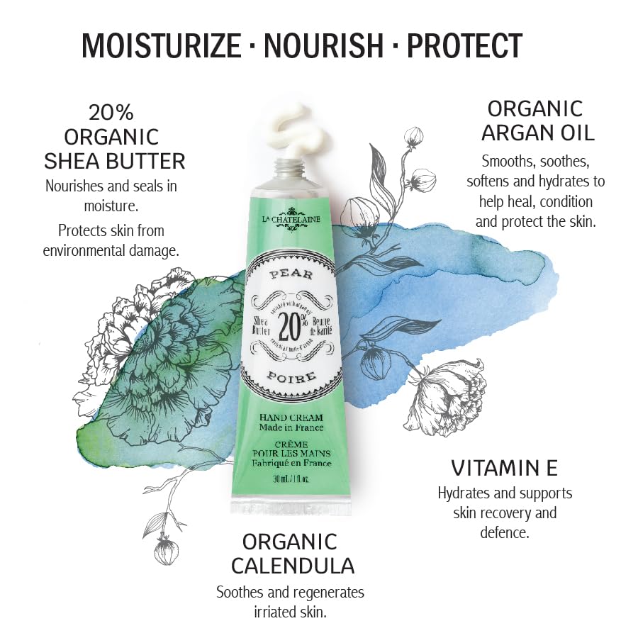 La Chatelaine Rose Hand Cream Trio Tin Gift Set, Ready-To-Gift Tin, Nautral, Made in France with 20% Organic Shea Butter, Nourishing and Moisturizing (Cherry Almond, Pear, Oud Rose) - Image 7