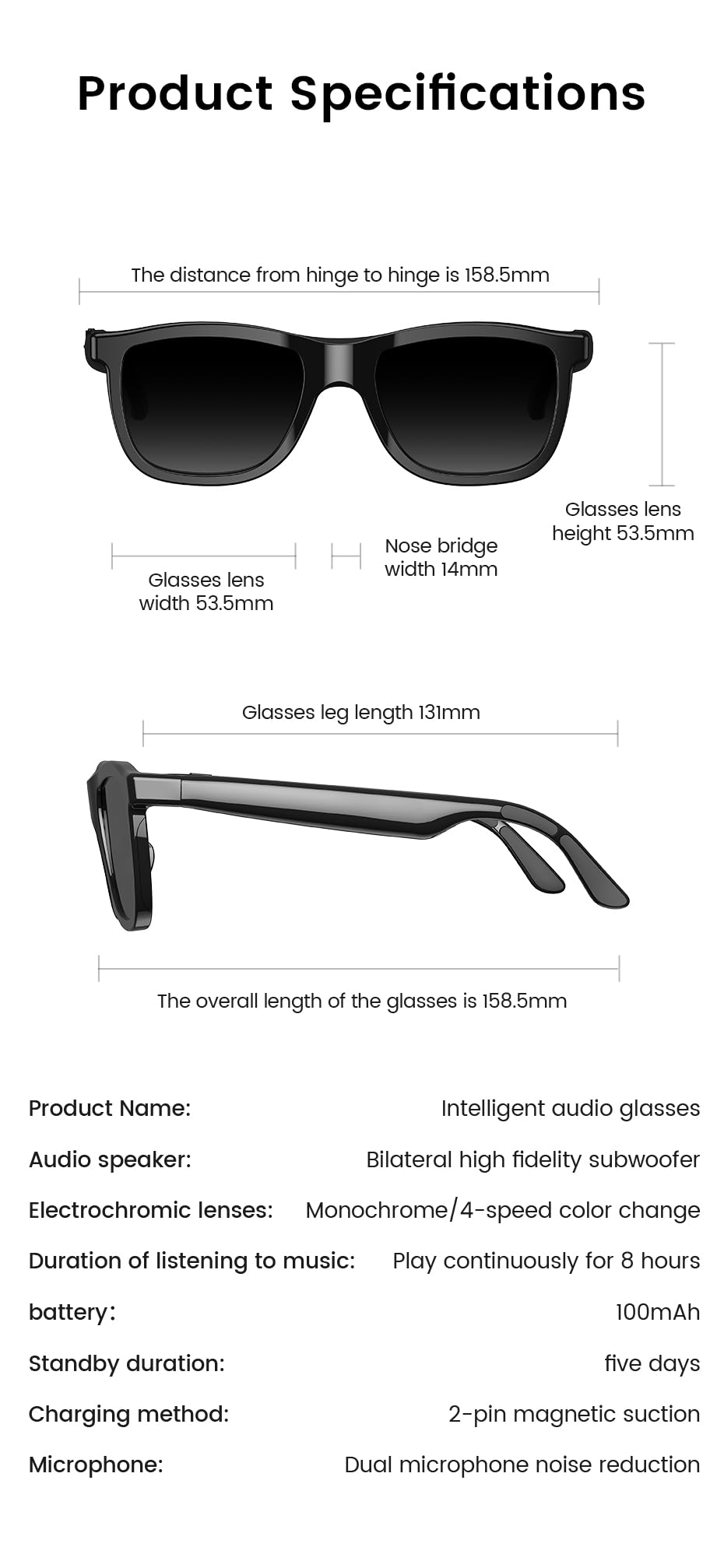 Générique 2026 Lunettes Connectées Audio Bluetooth Verres Électrochromiques Teinte Réglable 1 Clic, Écouteurs Intégrés, Appels Mains Libres, Protection UV400, Autonomie 100mAh 11LASTYLE47