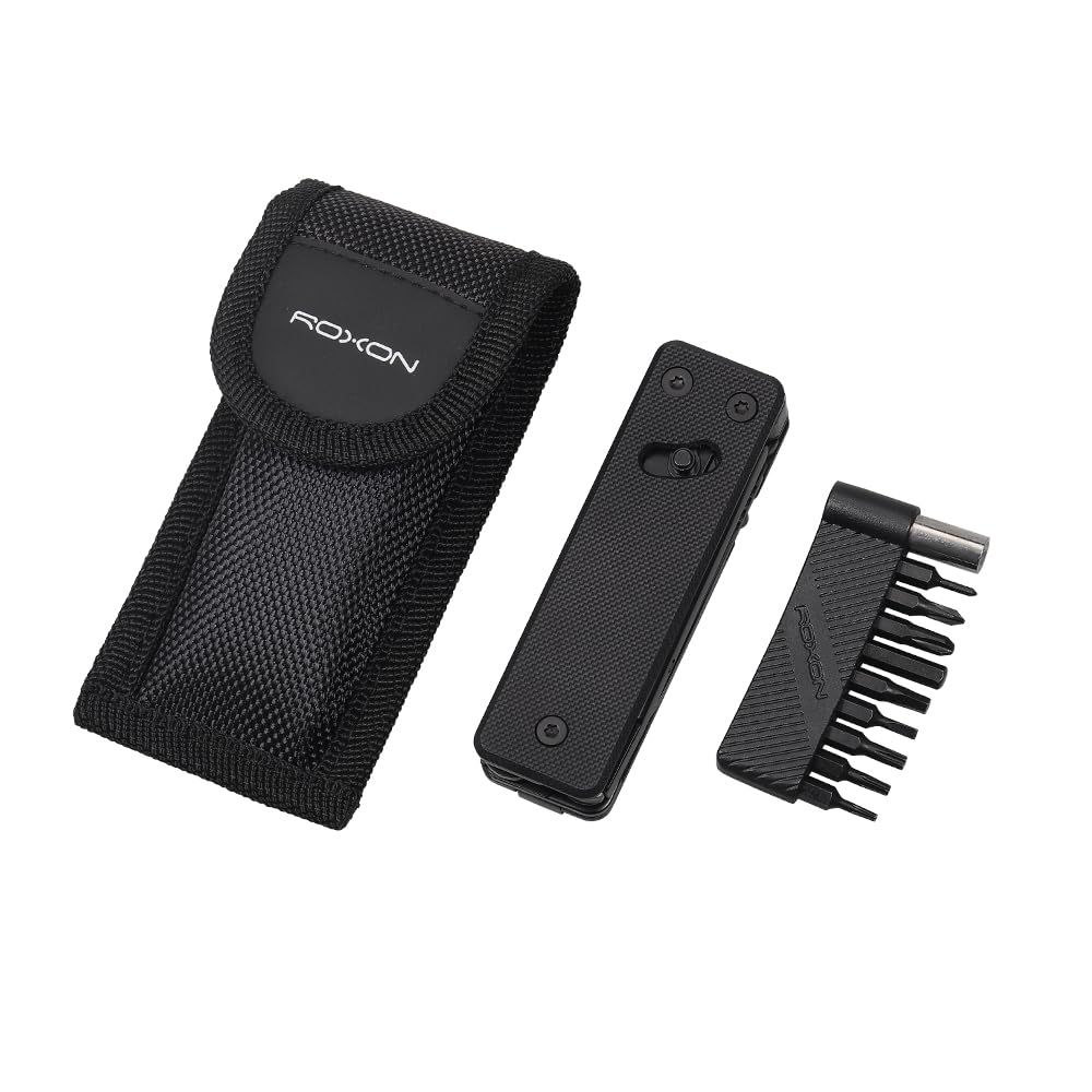 ROXON KS2E NOIR Couteau de poche multifonction avec grande lame de ciseaux | manche en G10 et clip de poche, 13 fonctions en 1, idéal pour le camping, la randonnée, les urgences et un usage quotidien