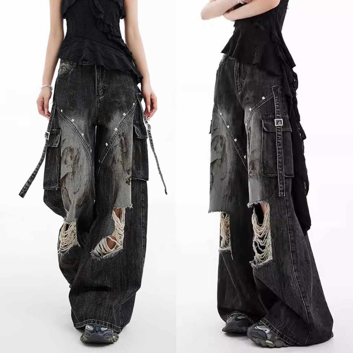 Gothic Women's Jeans Fashion Y2K Vintage Straight High Waist Baggy Wide Leg Ripped Denim Pants Black - Image 5