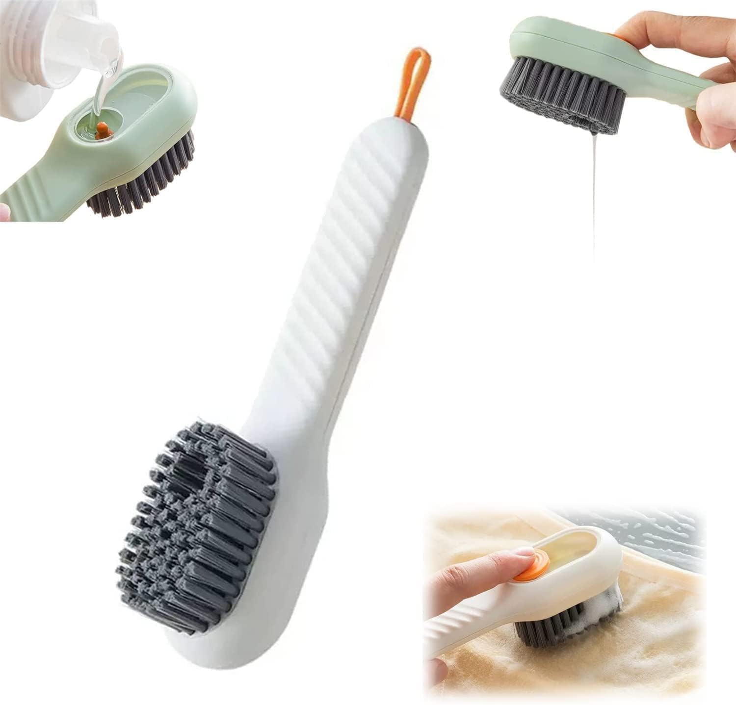 Multifunctional Liquid Shoe Brush with Liquid Box, Adding Liquid Filled Brush with Soap Dispenser Press Type, Long Handle Shoe Cleaner Brush Cleaning with New Liquid Cartridge Pack of 1