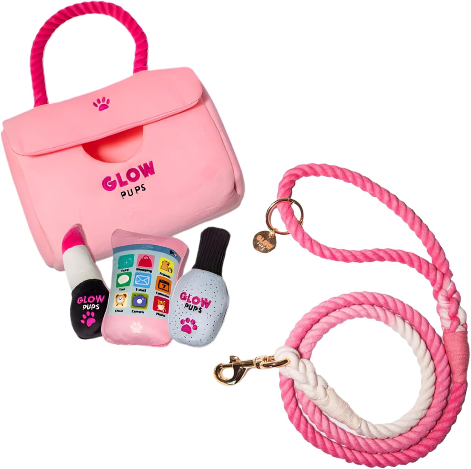 Glow Pups "Fashion Forward Walking Bundle: Pink Designer-Style Plush Purse Dog Toy Set (Includes Paw-Phone, Lipstick, Nail Polish) + Matching Pink & White Ombré Braided Rope Leash (5-Piece Set)