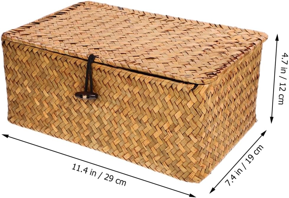 Hand Woven Seaweed Storage Basket Button Closure Decorative Straw Woven Basket Desktop Organization Debris Toys Clothes More