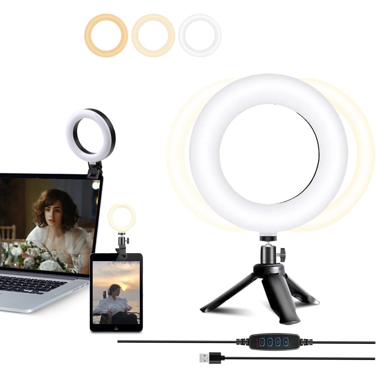 Zoeley Anillo de luz LED, Aro de Luz con Pinza y Trípode 3 Colores Modo 10 Brillos Regulables 360°Rotación Luz de Video Profesional para Zoom Call TikTok, Maquillaje Iluminación de Cámara de Red