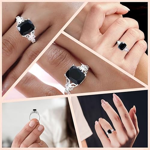 Miniatura 2 de Black Tourmaline Ring in 925 Sterling Silver - October Birthstone Rings for Women - Engagement Promise Floral Statement Vintage Solitaire Tourmaline