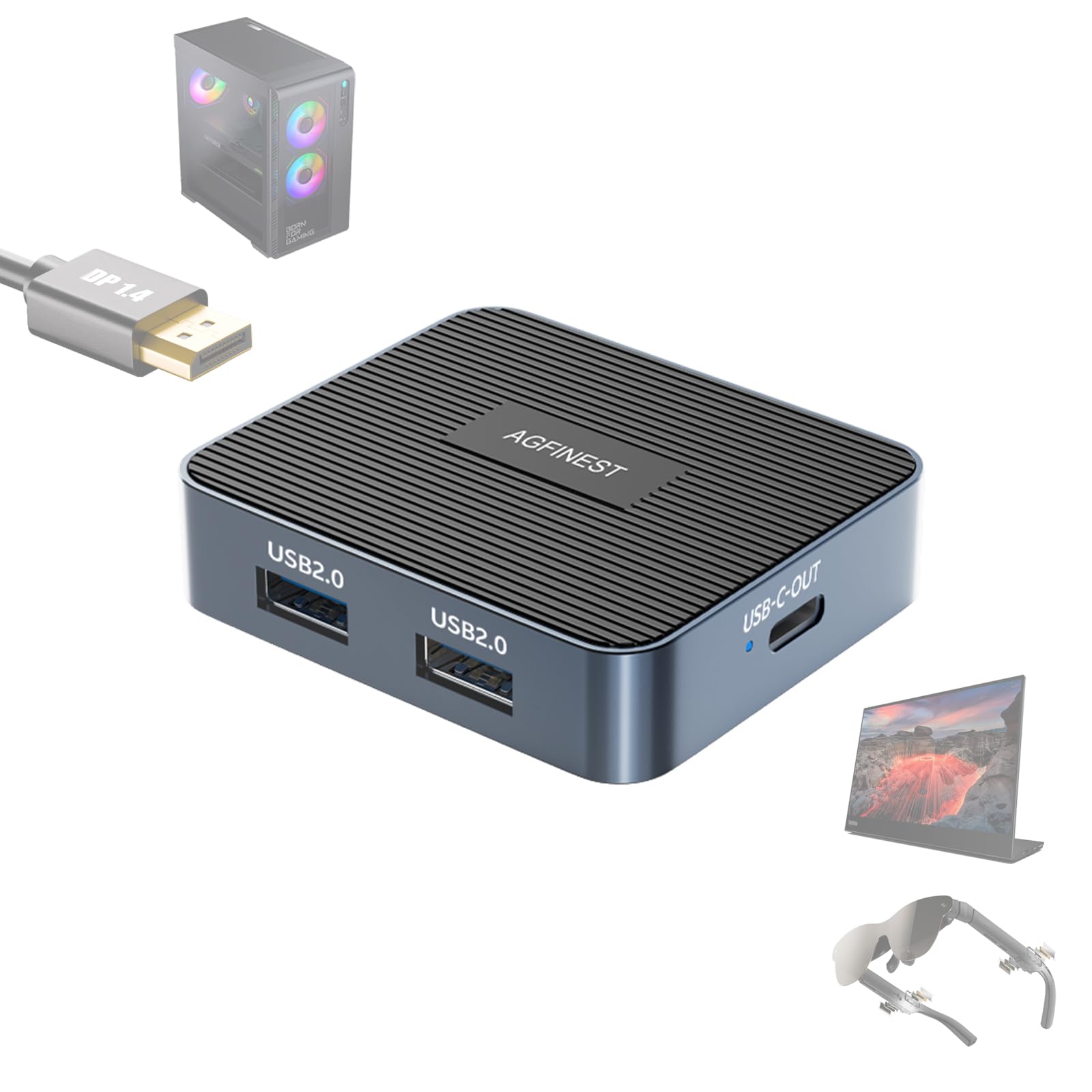 Adattatore da DisplayPort a USB C per occhiali AR, 4K120Hz 2K240Hz HDR 3x USB 2.0 Hub sorgente unidirezionale DP1.4 a USB C per PC GPU a XREAL, VITURE, Rayneo, Rokid, monitor portatile (cavo di