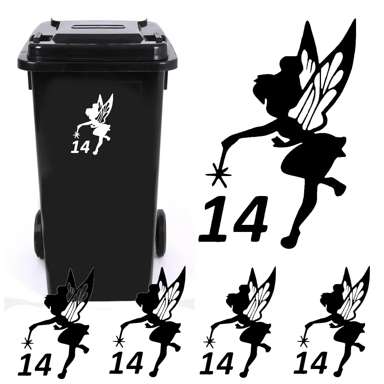 Pack of 3 Personalised Fairy Wheelie Bin Number Sticker - Recycling Box - Birthday Decoration - Wheelie Bin Stickers - Fairy Stickers - Number Stickers… (Black)