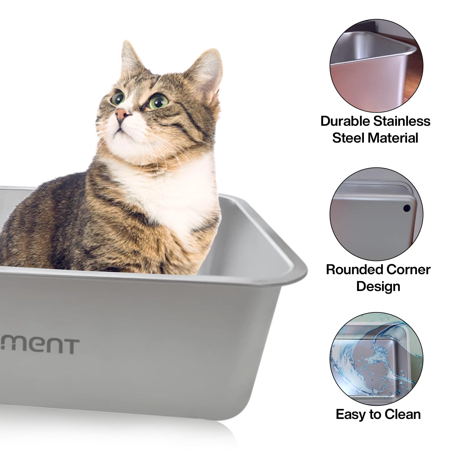 Stainless Steel Cat Litter Box – Large High-Sided Non-Stick Metal Pan with Anti-Slip Base, Easy-Clean Indoor Tray, 19.5" L x 13.5" W x 6" H in for Cats & Rabbits - image 5
