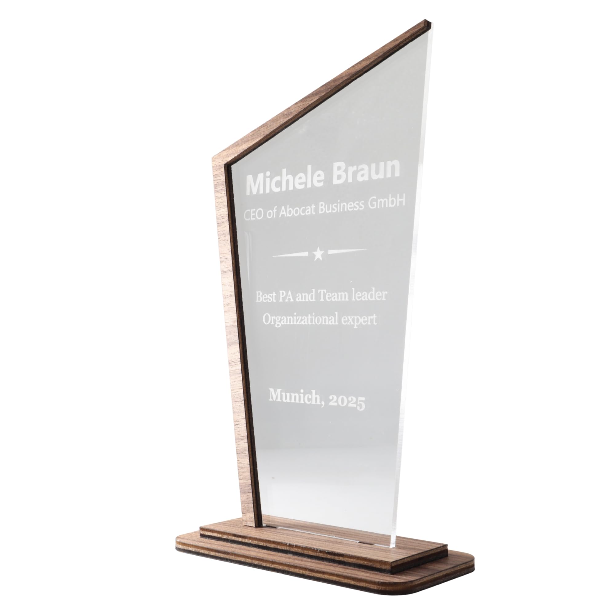 Pila Stone Award mit Gravur aus Acryl & Edelholz – personalisierte Trophäe mit Logo & Text für Sport, Schule, Firma & Events – Pokal als Auszeichnung, Geschenk, Jubiläum