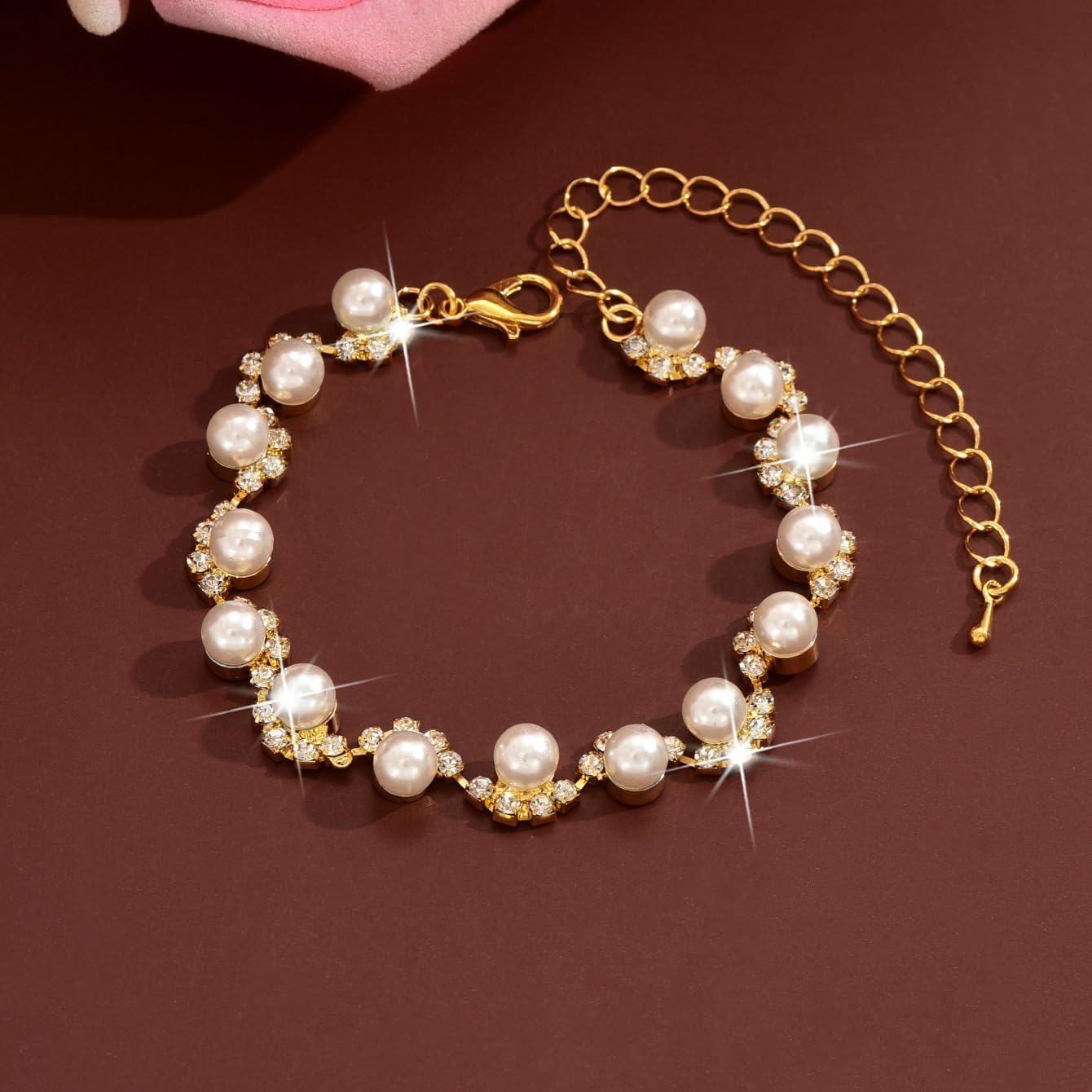 Gold Gorgeous Pearls Crystal Rhinestone Bracelet - Diamond Pearls Wedding Bracelets Jewelry | Luxury Tennis Bracelet with Cubic Zirconia for Women | Adjustable Bracelet for Weddings, Parties & Mother - Image 2