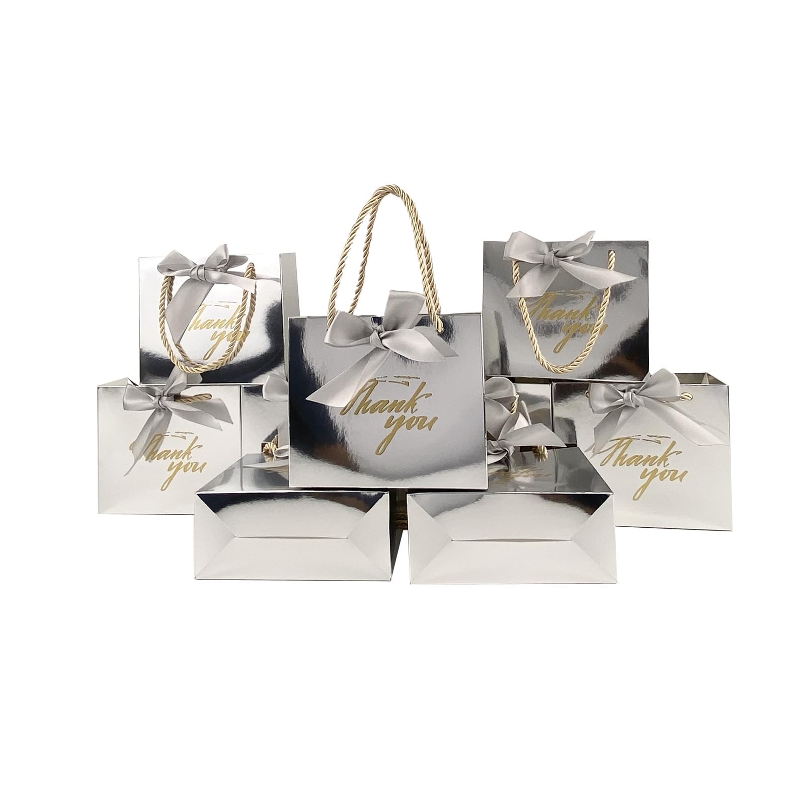 TKSBAG 20 Pack Small Silver Thank You Gift Bags With Handles-5.5''x 2.3''x4.7'' Mini Gift Bags Bulk for Baby Shower, Birthday, Wedding, Back to School, Summer Party