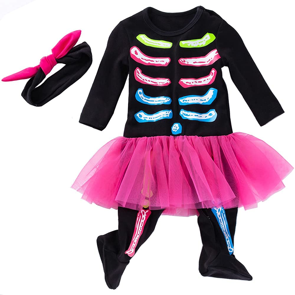 Baby Skeleton Costume Baby Girls Halloween Costumes Infant Skeleton Tulle Skirt Romper + Headband 0-24 Months