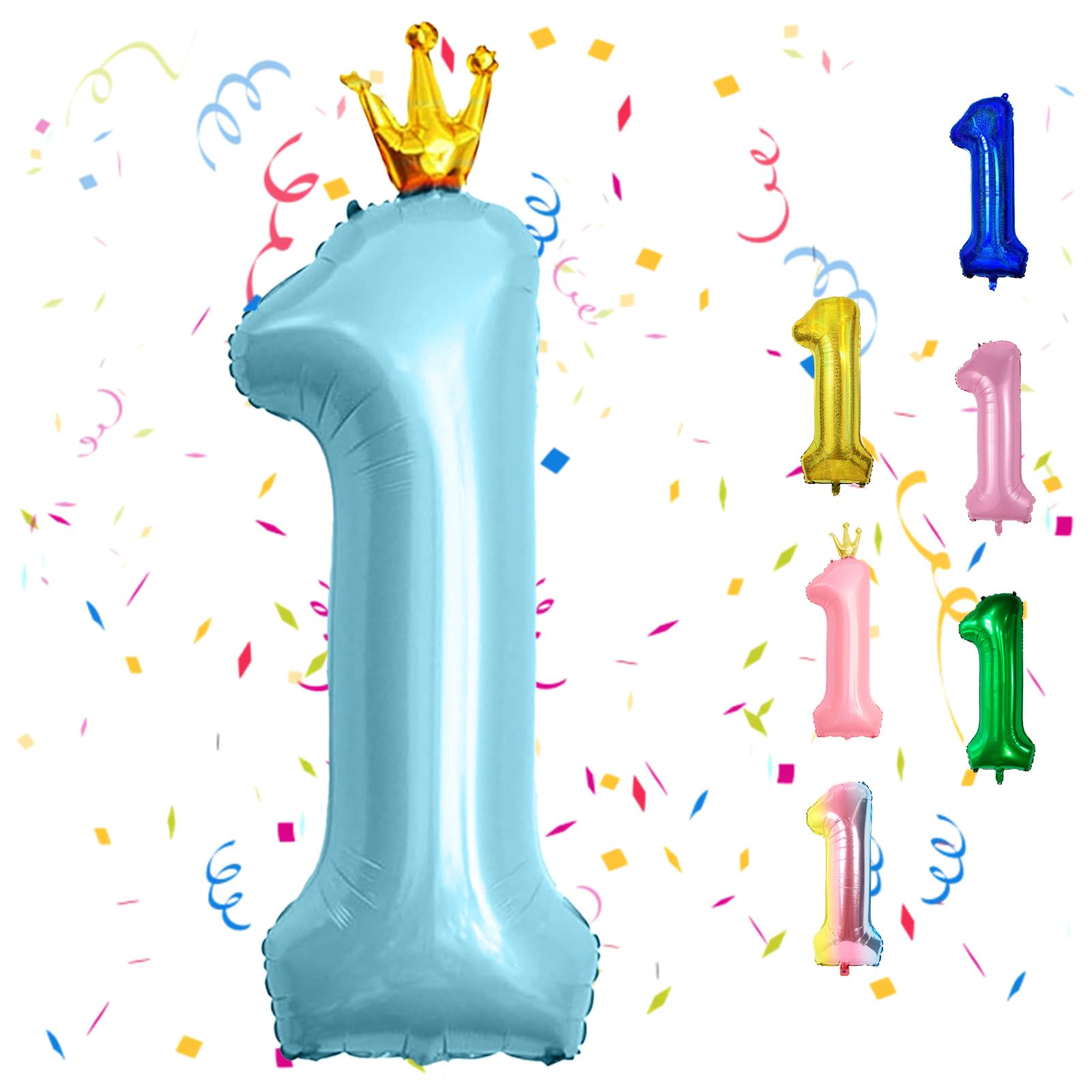 Crown Blue Number 1 Balloons, 1st Birthday Balloon, 40inch Baby Blue 1 Balloon Numbers, Large Pastel Blue Foil Balloon, 1st Birthday Decorations for Kids Birthday Party, 1 Anniversary Decorations
