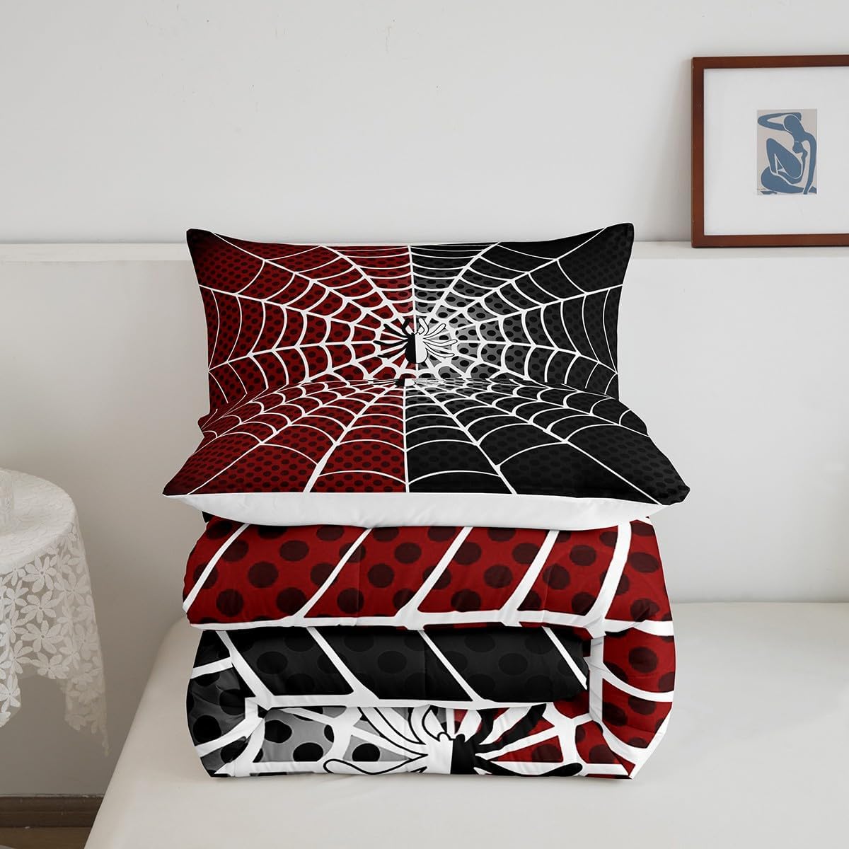 Manfei Spider Kids Comforter Set Queen Size, White Spider Web Black Dots Bedding Set for Boys Teens Adults Bedroom Decor, Red and Black Down Comforter, Soft Polyester Quilt Set, 2 Pillowcases
