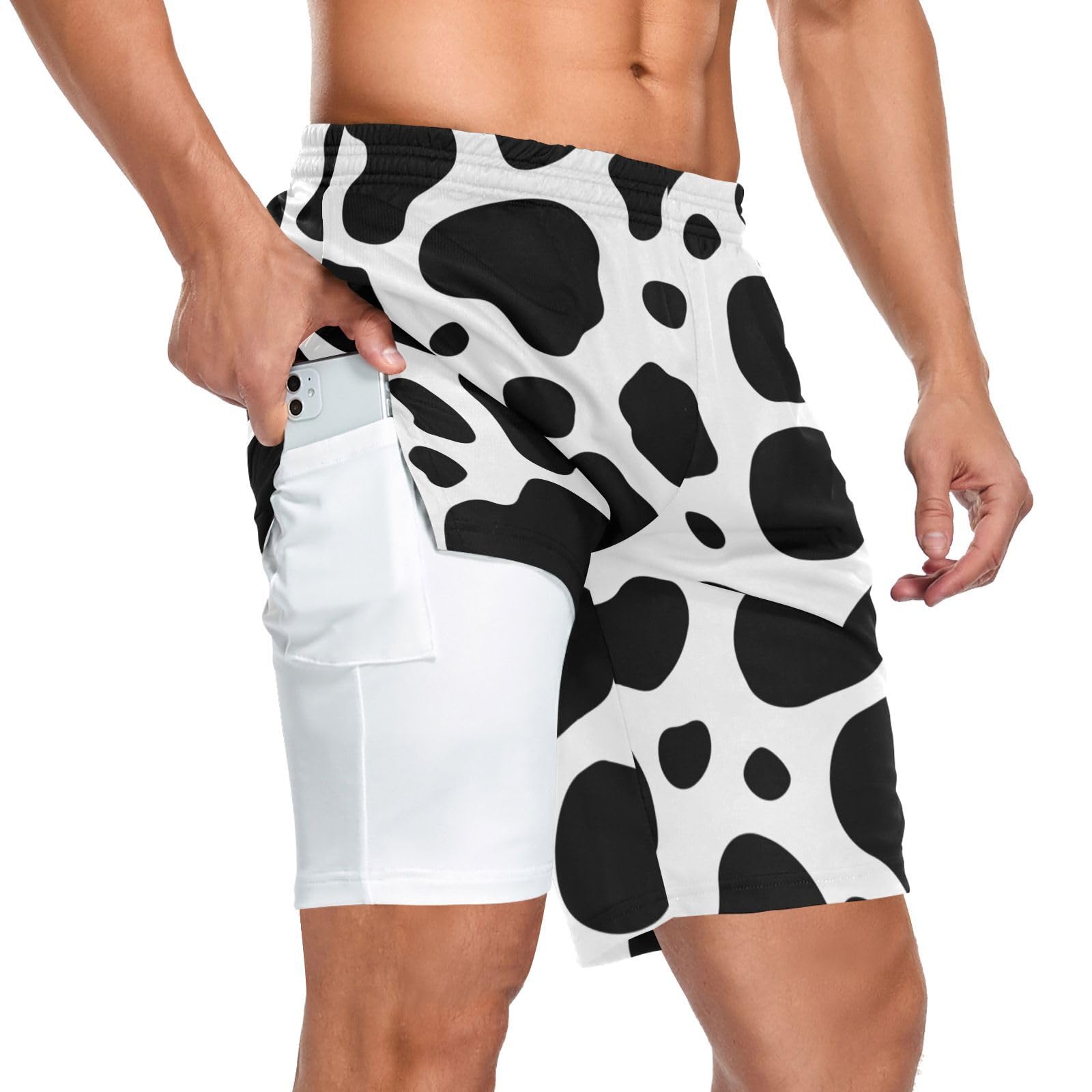 Jhkku Men's Cow Print 2 In 1 Athletic Running Shorts Lightweight Workout Gym Training 7" Shorts With Liner And Pockets, Large