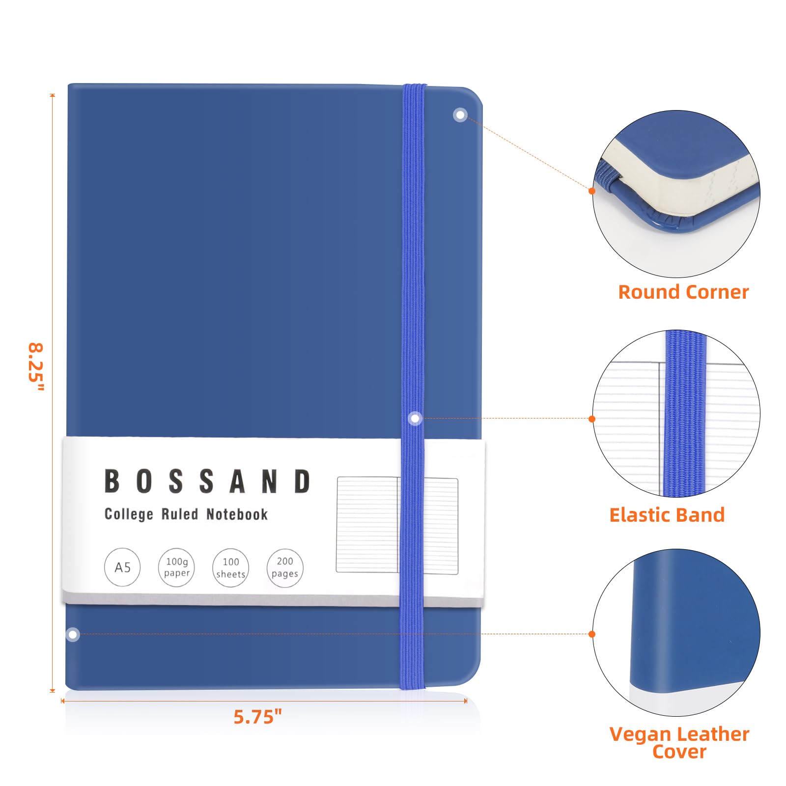 BOSSAND Quaderni a righe universitarie, confezione da 6 quaderni a righe A5, 200 pagine, carta spessa 100 g/m², copertina rigida, 21 x 14,6 cm, 6 colori