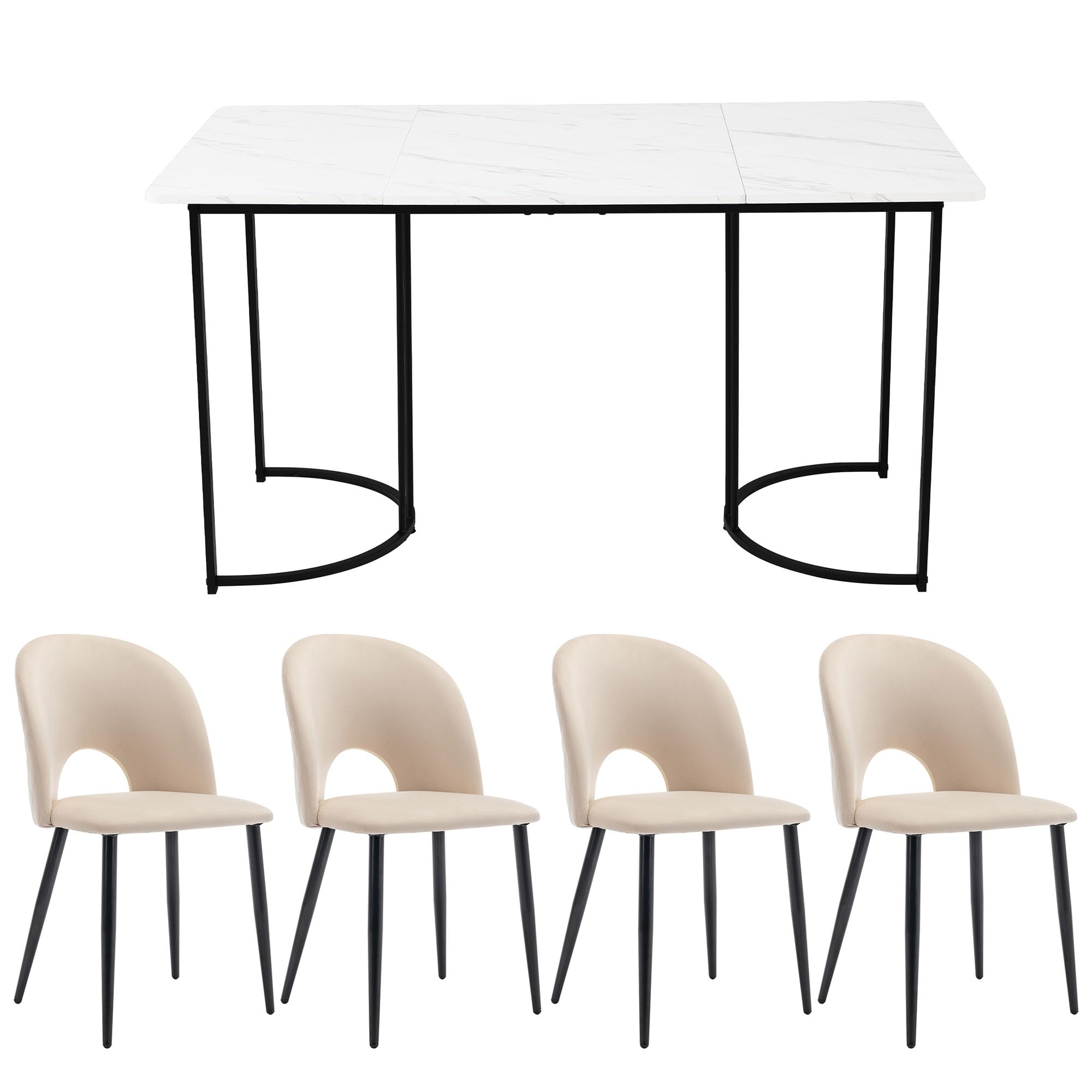Merax Ensemble de table à manger 140 x 80 cm avec 4 chaises, motif marbre MDF, pieds en métal, chaises rembourrées en velours avec dossier, pour salle à manger, cuisine, salon, noir et beige