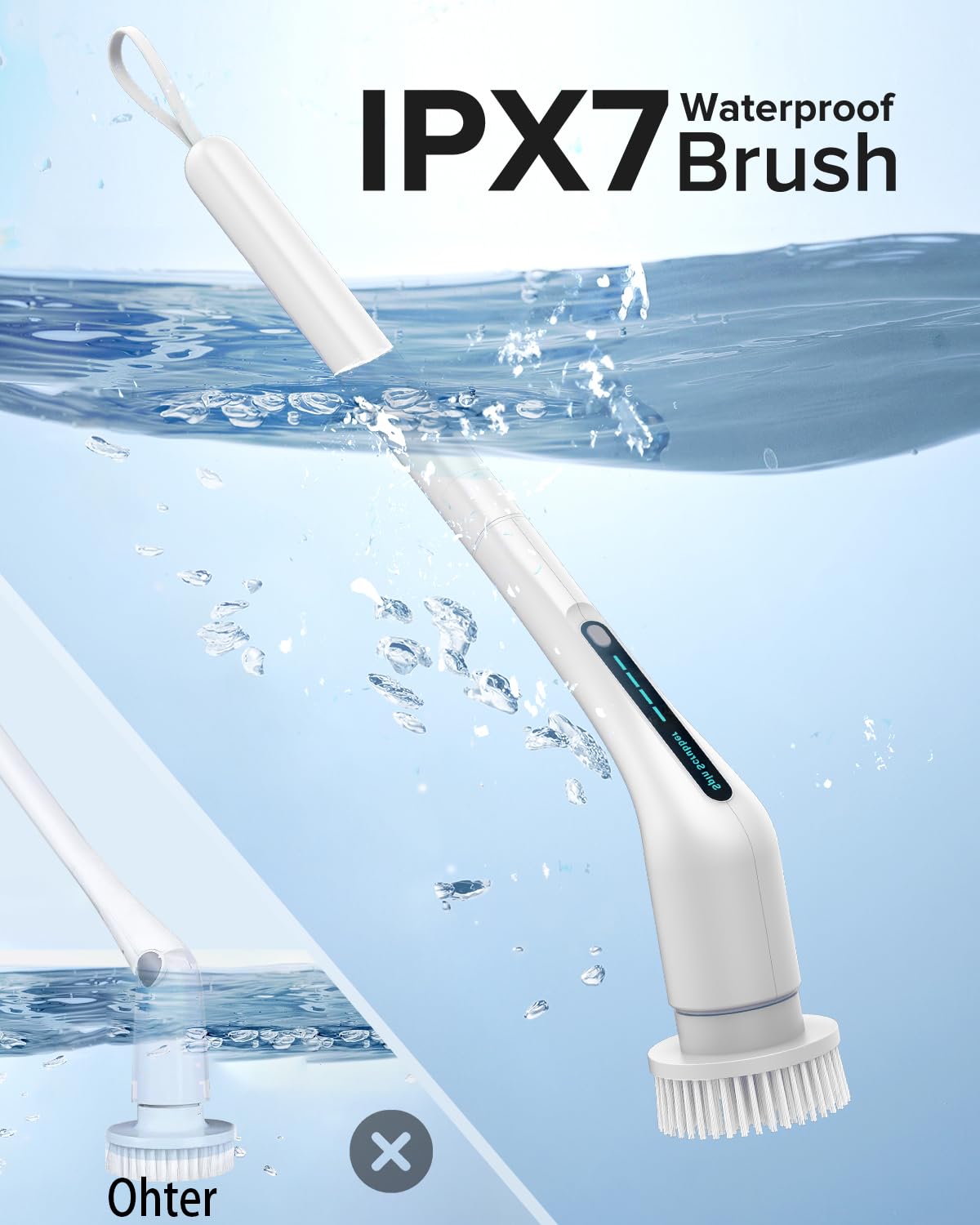 Elektrischer Drehschrubber, IPX7, wasserdicht, kabellos, Duschreiniger, 2 Geschwindigkeiten, 5 austauschbare Köpfe, verstellbarer Verlängerungsgriff für Badezimmer, WC, Badewanne, Küche, Fliesenböden