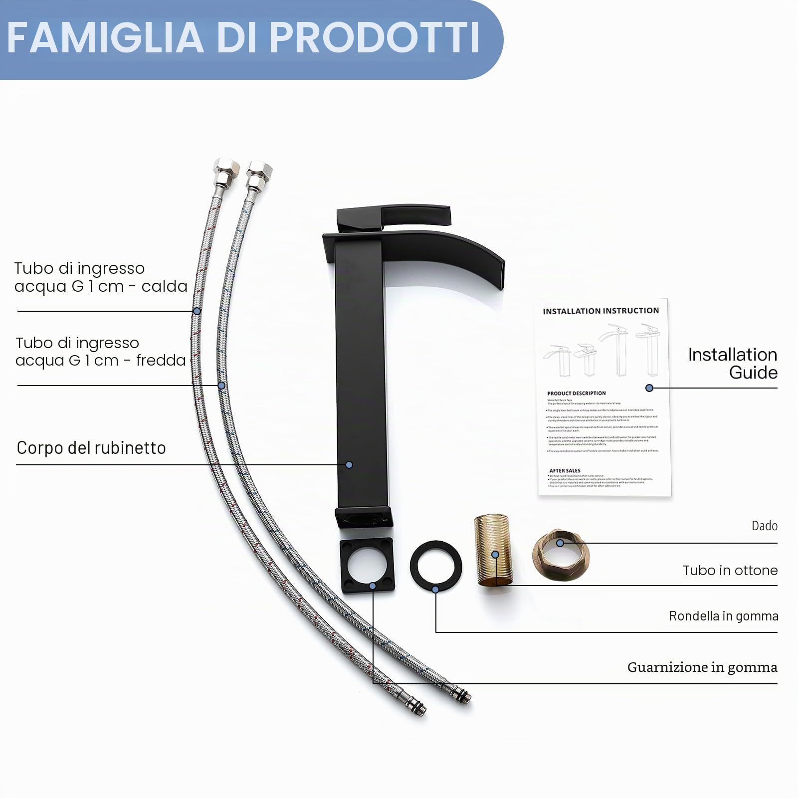 Rubinetto Bagno Cascata Nero, Coleniny Miscelatore Lavabo Bagno, Rubinetto Bagno Lavabo Alto con altezza bocca 235mm, Miscelatore Monocomando per Bagno Può Regolazione a Caldo e Freddo G3/8