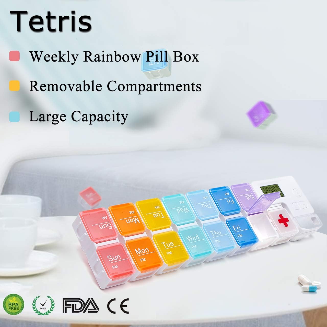 7-Day Pill Organizer with Medicine Reminder Alarm, Cozycabin Weekly Large Vitamin Box Organizer - AM PM Daily Travel Medication Box(Rainbow)