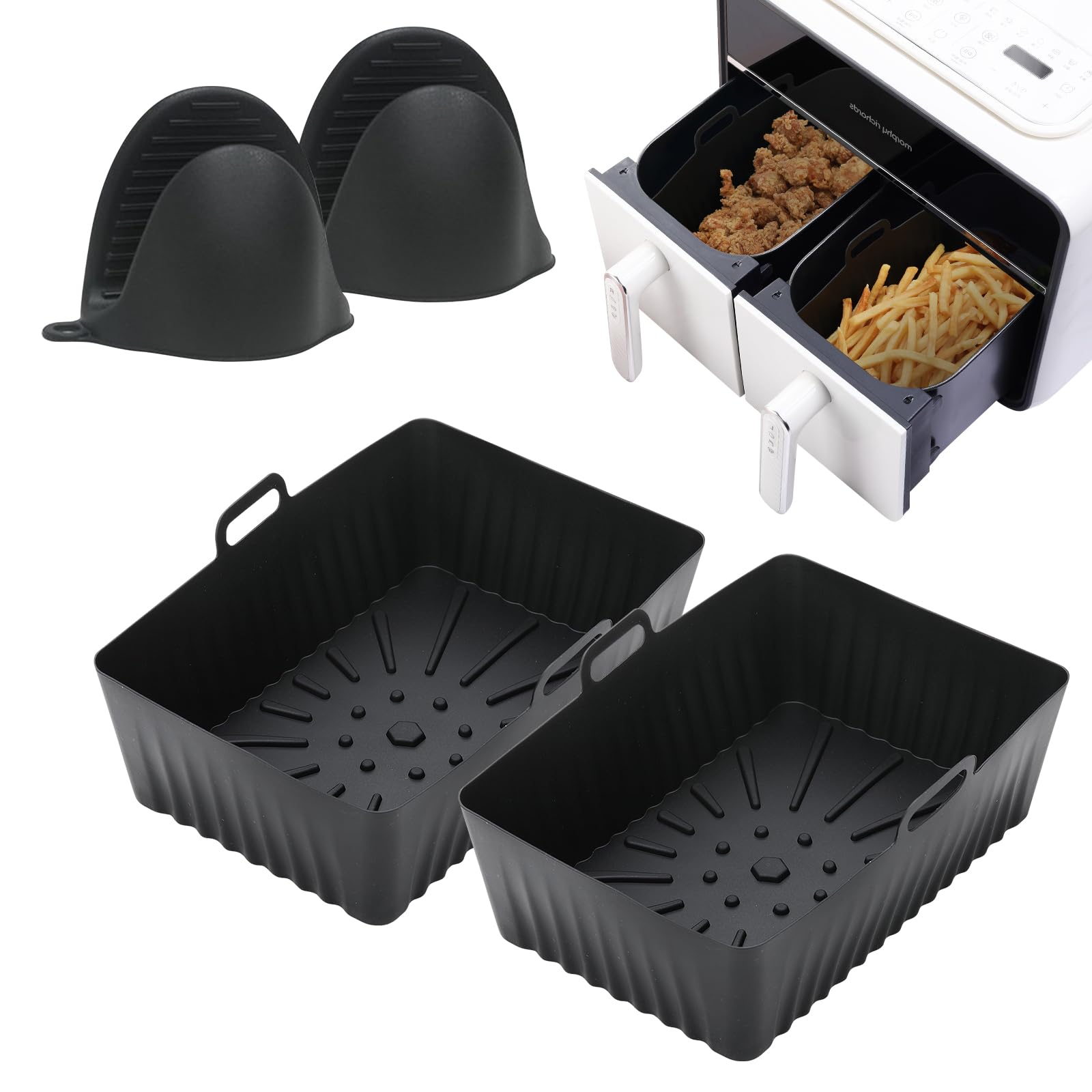 4PCS Silicone Air Fryer Liners, Reusable Rectangle Air Fryer Liner with Mittens, Non-Stick, Easy Cleaning, Food Grade Heat Resistant Air Fryer Silicone Pot Liner for Ninja/Tower Dual/Instant Vortex