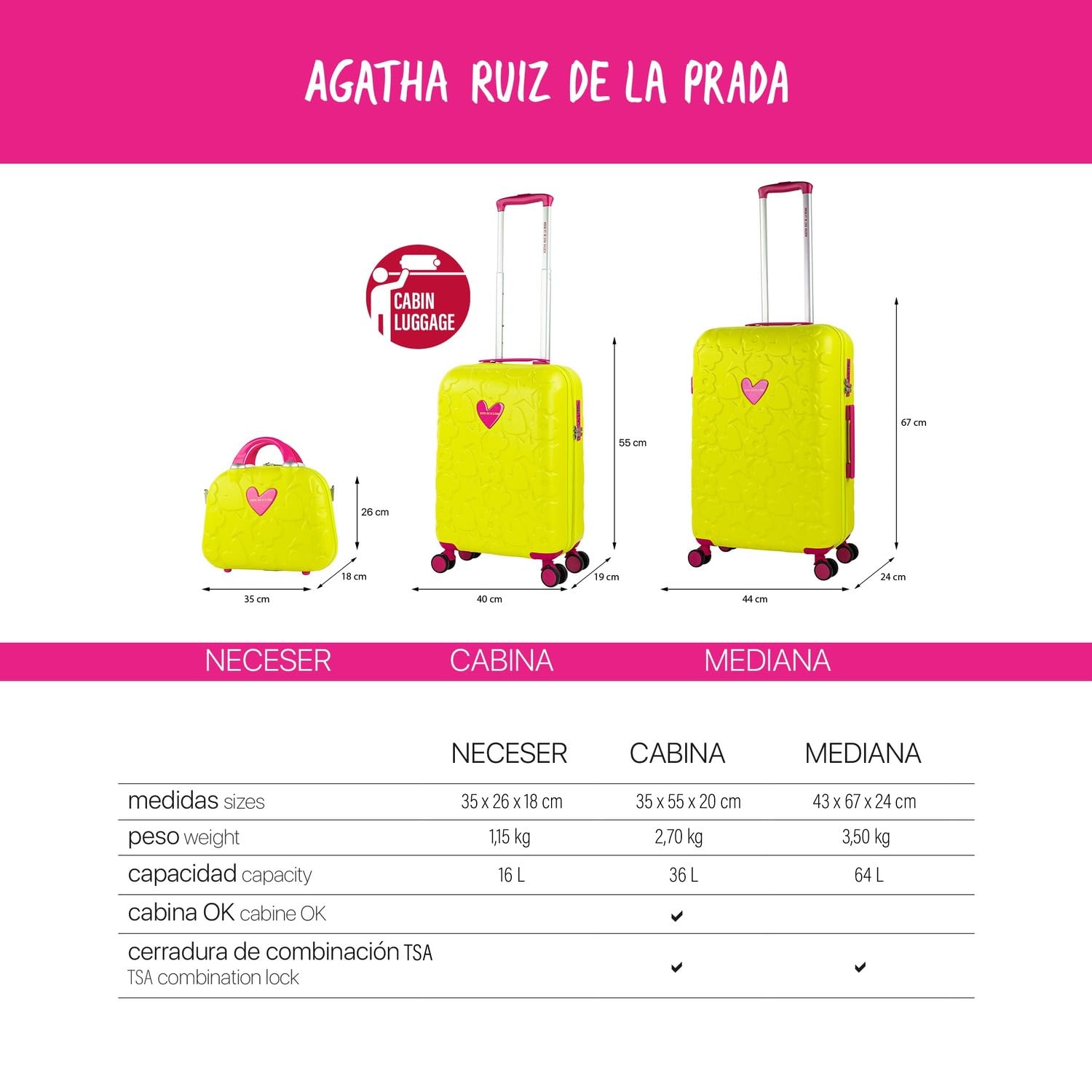 Agatha Ruiz de la Prada - Maletas De Viaje Cabina 55x40x20 Equipaje De Mano Avion Trolley Cabina Duradero Ligero Ruedas Silenciosas con Neceser. Candado de Combinacion TSA, Pistacho