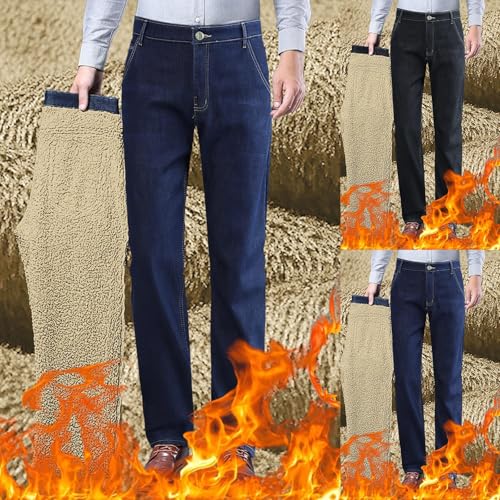 Denim Pants for Men Fleece Thicken Lined Thermal Jeans Relaxed Straight Fit Stretch Button Fly Business Casual Pants2