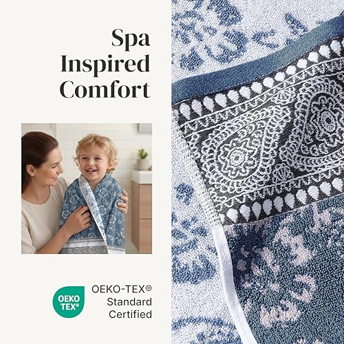 Image of Modern Threads 6 Piece Bath Towel Set - Bathroom Set with 2 Bath Towels, 2 Hand Towels, and 2 Wash Cloths - 100% Cotton, Super Absorbent & Extra Soft - Reversible Floral Trail (Navy)
