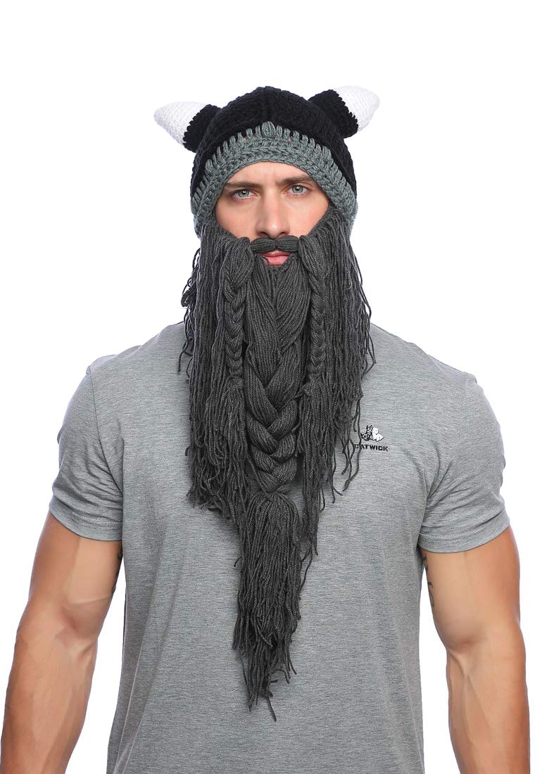 Xinqiao Mens Viking Barbarian Beard Beanie Funny Pillager Looter Horned Hats (Dark Grey)