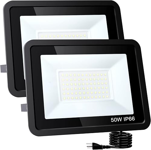 LKXDOV Luces LED de inundación para exteriores, 50 W, 5000 lúmenes, luz de trabajo exterior con enchufe IP66 impermeable, 6000 K Exteriores