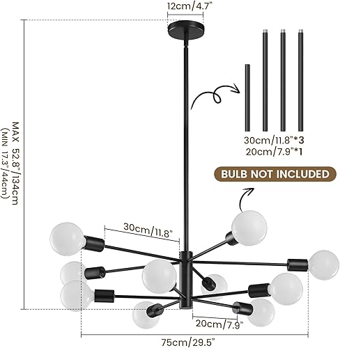 Miniatura 2 de KAISITE Lámpara de techo moderna Sputnik, lámpara de araña negra de 10 luces para comedor, sobre la mesa, altura ajustable, lámpara colgante de