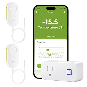 WiFi Refrigerator Thermometer with Freezer Alarm, App Email Buzzer Alerts, Power Outage Alert, Pass-Through Outlet Hub, 2 Sensors, Ultra-Flat Probe, Remote Temperature Monitor for Home Kitchen