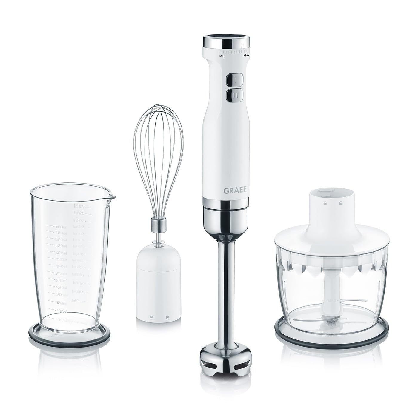 GRAEF Stabmixer HB501 Weiß – 800 Watt, stufenlose Regelung, Turbostufe, 4 Edelstahlklingen, Edelstahlpürierstab mit Anti-Spritz-Funktion, Kunststoffgehäuse, Clic-Clic Geschwindigkeitsregler