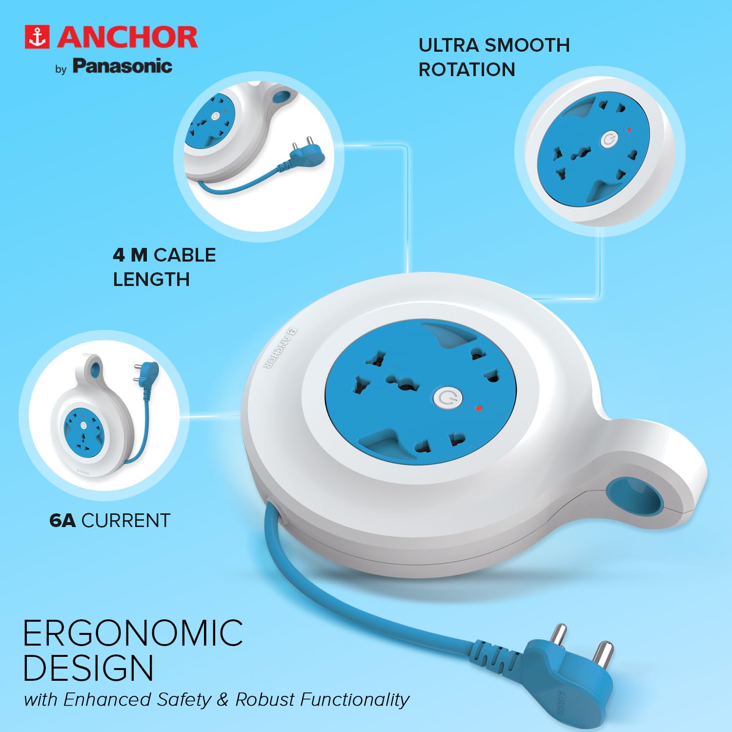 Anchor Flexicord Power Strip - 4m Cable, 6A, 240V -3 Anchor Flexicord Power Strip - 4m Cable, 6A, 240V -3